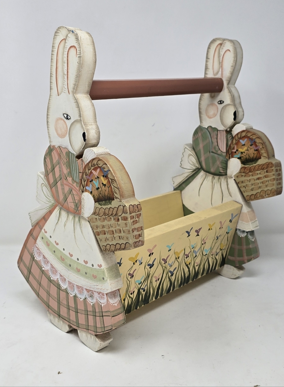 Vtg wooden bunny Easter basket handmade hand painted rustic, farmhouse, country